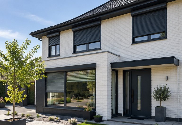 Witte woning met antraciet kunststof kozijnen, rolluiken en een antraciet voordeur