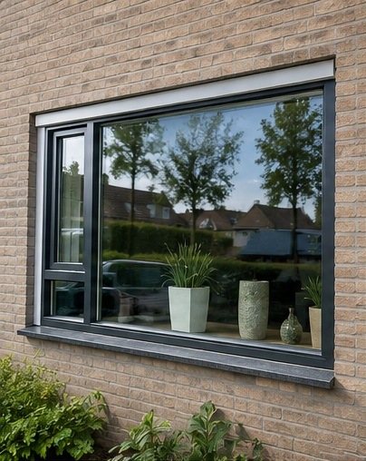 Breed antraciet kunststof raam met zijlicht in een bakstenen gevel