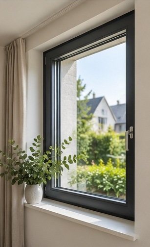Antraciet raam van binnenuit gezien, met lichte vensterbank en uitzicht op de tuin