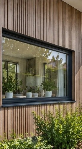 Breed antraciet raam in een gevel met verticale houten latten