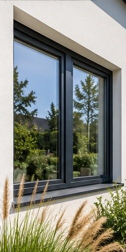 Antraciet kunststof raam met twee vlakken in een witte stucgevel