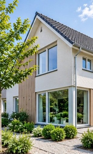 Lichte moderne woning met witte kunststof kozijnen en een houten accent