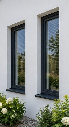 Twee smalle, hoge antraciet kunststof kozijnen in een witte gevel