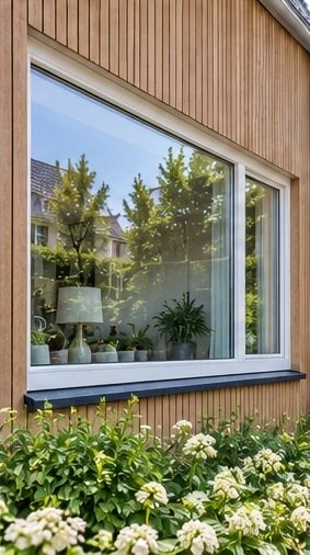 Breed wit kunststof raam in een gevel met verticale houten latten