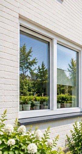 Wit kunststof raam met twee vlakken in een lichte bakstenen gevel