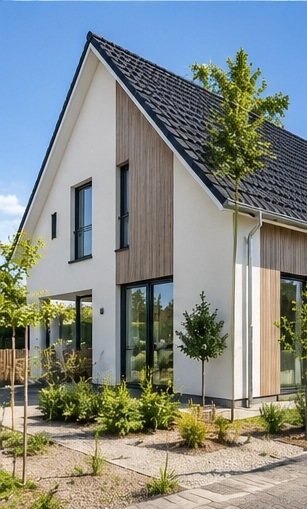 Moderne woning met antraciet kunststof kozijnen en houten gevelbekleding